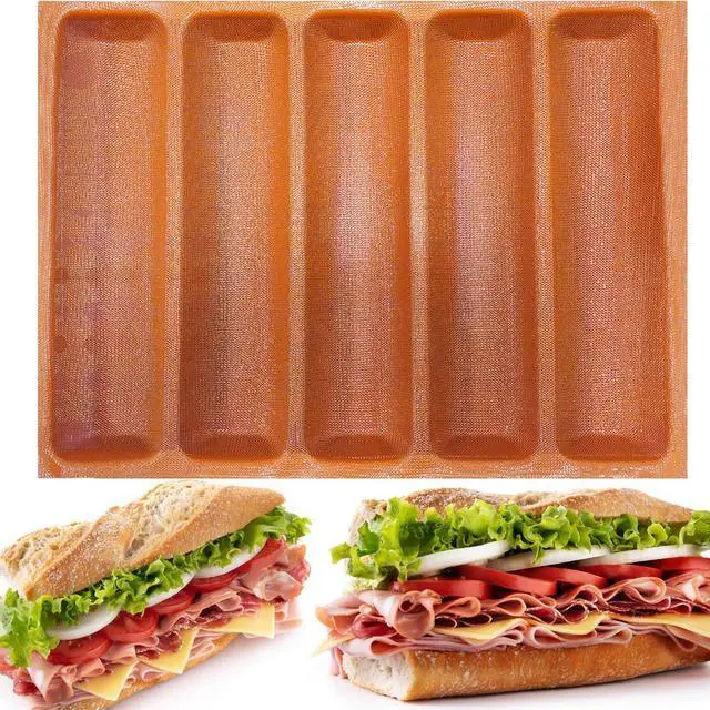 Main image of Silicone Perforated Baking Forms Sandwich Mold French Baguette Bread Pan Food Mat 5 Loaf Non-Stick Baking Liners (Orange)