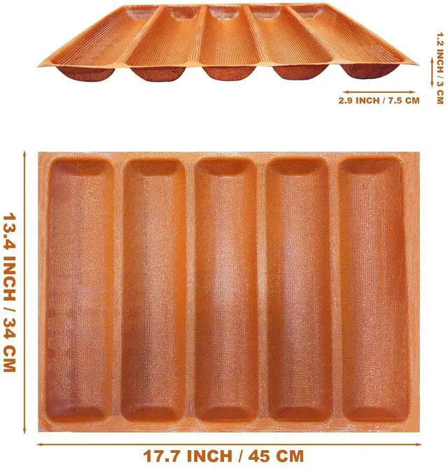 Alt view image 2 of 6 - Silicone Perforated Baking Forms Sandwich Mold French Baguette Bread Pan Food Mat 5 Loaf Non-Stick Baking Liners (Orange)