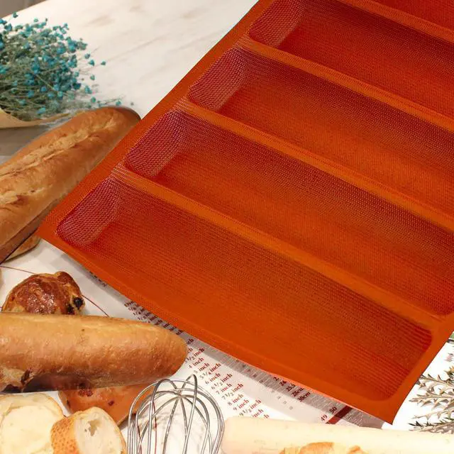 Alt view image 4 of 6 - Silicone Perforated Baking Forms Sandwich Mold French Baguette Bread Pan Food Mat 5 Loaf Non-Stick Baking Liners (Orange)