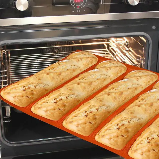 Alt view image 3 of 6 - Silicone Perforated Baking Forms Sandwich Mold French Baguette Bread Pan Food Mat 5 Loaf Non-Stick Baking Liners (Orange)