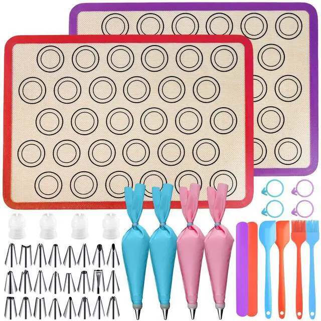 Main image of 44 Pcs Macaron Silicone Baking Kits, Macaron Baking Supplies,2 Macaron Silicone Baking Mats,24 Piping Tips,4 Piping Bags,4 Cable Ties,4 Connectors,2 Brushes,2 Scrapers,and 2 Tapping Rings