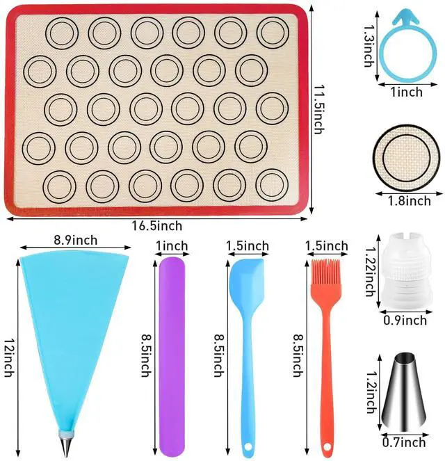 Alt view image 2 of 7 - 44 Pcs Macaron Silicone Baking Kits, Macaron Baking Supplies,2 Macaron Silicone Baking Mats,24 Piping Tips,4 Piping Bags,4 Cable Ties,4 Connectors,2 Brushes,2 Scrapers,and 2 Tapping Rings