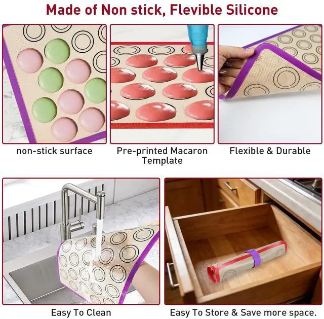 Alt view image 4 of 7 - 44 Pcs Macaron Silicone Baking Kits, Macaron Baking Supplies,2 Macaron Silicone Baking Mats,24 Piping Tips,4 Piping Bags,4 Cable Ties,4 Connectors,2 Brushes,2 Scrapers,and 2 Tapping Rings
