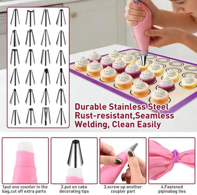 Alt view image 5 of 7 - 44 Pcs Macaron Silicone Baking Kits, Macaron Baking Supplies,2 Macaron Silicone Baking Mats,24 Piping Tips,4 Piping Bags,4 Cable Ties,4 Connectors,2 Brushes,2 Scrapers,and 2 Tapping Rings