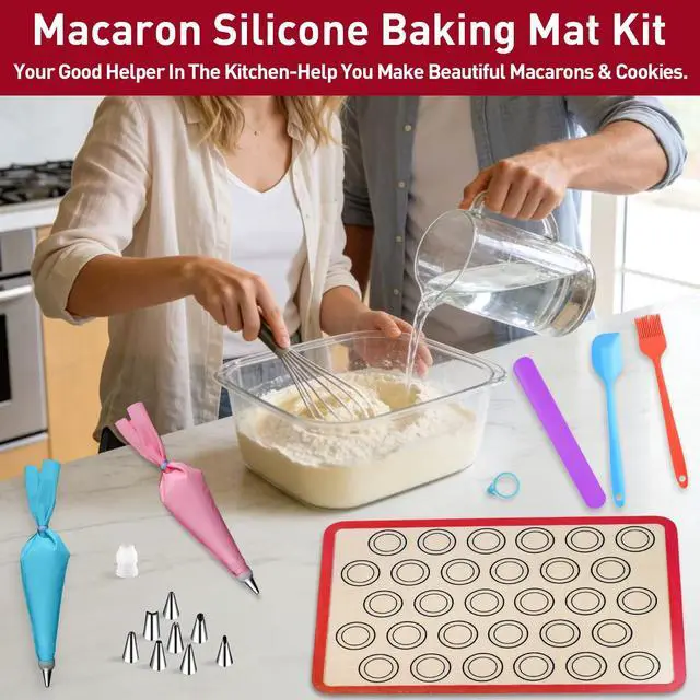 Alt view image 7 of 7 - 44 Pcs Macaron Silicone Baking Kits, Macaron Baking Supplies,2 Macaron Silicone Baking Mats,24 Piping Tips,4 Piping Bags,4 Cable Ties,4 Connectors,2 Brushes,2 Scrapers,and 2 Tapping Rings