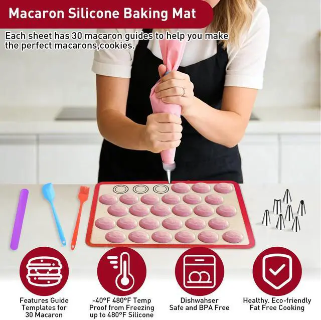 Alt view image 3 of 7 - 44 Pcs Macaron Silicone Baking Kits, Macaron Baking Supplies,2 Macaron Silicone Baking Mats,24 Piping Tips,4 Piping Bags,4 Cable Ties,4 Connectors,2 Brushes,2 Scrapers,and 2 Tapping Rings