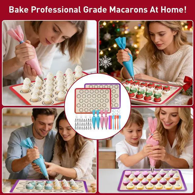 Alt view image 6 of 7 - 44 Pcs Macaron Silicone Baking Kits, Macaron Baking Supplies,2 Macaron Silicone Baking Mats,24 Piping Tips,4 Piping Bags,4 Cable Ties,4 Connectors,2 Brushes,2 Scrapers,and 2 Tapping Rings