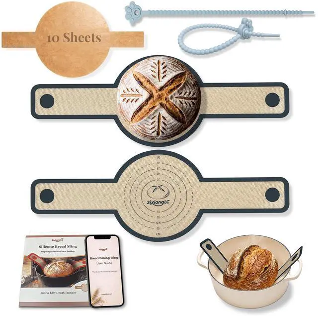 Main image of Silicone Bread Sling for Dutch Oven, 2-Pack 7.2" Long Handle Sourdough Baking Mat, 500°F Heat Resistant Dough Transfer Slings with 10 Parchment Sheets & 2 Cable Ties