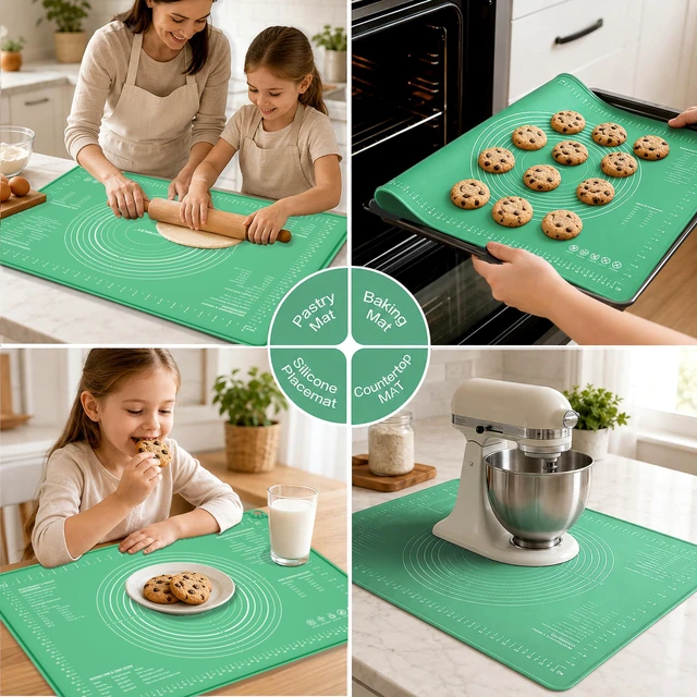 Alt view image 6 of 7 - Extra Large Food Grade Platinum Silicone Pastry Mat 28 x 20, Non-Slip Non-Stick Baking Mat for Rolling Dough with 5mm Raised Edge, Measurements & Baking Guide for Bread, Pizza, Pie & Sourdough
