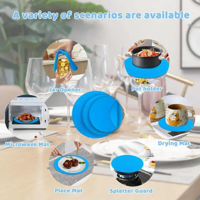 Alt view image 5 of 7 - 8 10 12 Inch Microwave mat, Trivet, Multi-Purpose Hot Pad,Pot Holder,Baking,Drying, Silicone mats for Microwave,Dishwasher Safe - Splatter Guard, Set of 3,Grey,Blue