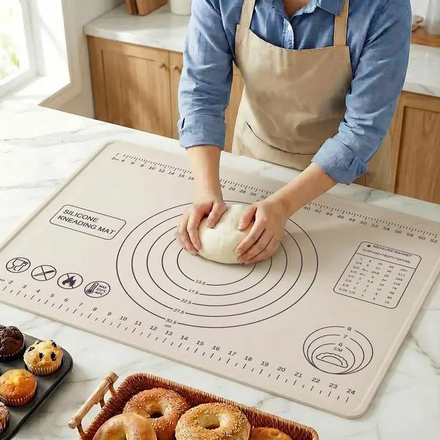 Main image of Silicone Pastry Mat 28" x 20" Extra Thick Silicone Baking Mat with Measurements and Edge Heightening Non-stick Food Grade Dough Rolling Mat Kneading Sheet for Pastry, Bread, Cookies (Beige)