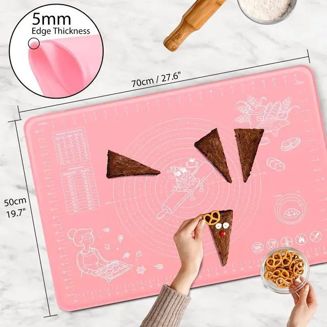 Alt view image 3 of 7 - Silicone Pastry Mat 28" x 20" Extra Thick Non Stick Baking Mat with Measurements and Edge Heightening, Food Grade Silicone Rolling Mat for Pastry, Bread, Cookies, Pizza, Fondant, Pasta - Pink