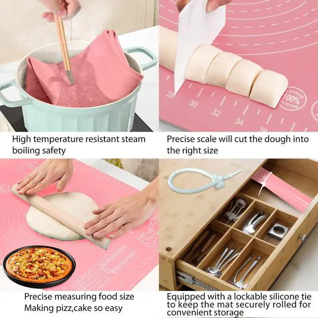 Alt view image 6 of 7 - Silicone Pastry Mat 28" x 20" Extra Thick Non Stick Baking Mat with Measurements and Edge Heightening, Food Grade Silicone Rolling Mat for Pastry, Bread, Cookies, Pizza, Fondant, Pasta - Pink