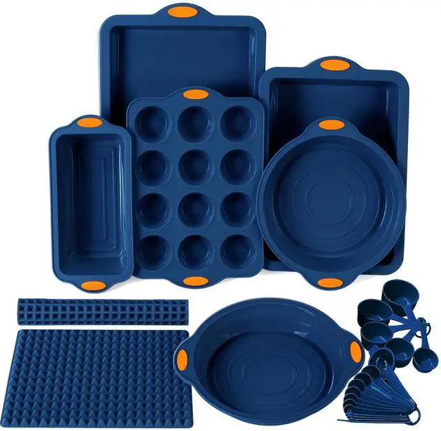 Main image of 8 in 1 Silicone Baking Set - 6 Cake Molds - 2 Silicone Baking Mat, Nonstick Cookie Sheet, Cake Muffin Bread Pan with Grips and Metal Reinforced Frame More Strength, Navy Blue
