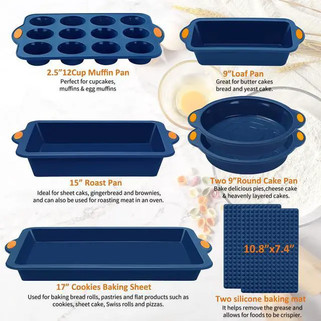 Alt view image 6 of 7 - 8 in 1 Silicone Baking Set - 6 Cake Molds - 2 Silicone Baking Mat, Nonstick Cookie Sheet, Cake Muffin Bread Pan with Grips and Metal Reinforced Frame More Strength, Navy Blue