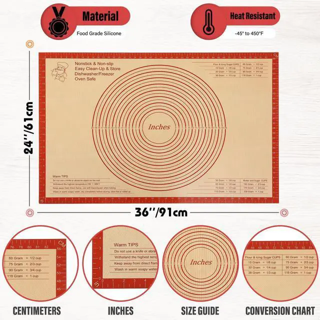 Alt view image 3 of 7 - Silicone Pastry Mat 36x24 Inch Extra Large Baking Mat with Measurements, Nonstick Kitchen Counter Mats for Dough, Pastry, Dough Rolling, Kneading Board, Pie Crust, Fondant, Bread, Pasta, Pizza