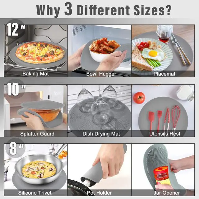 Alt view image 2 of 7 - 12 10 8 Inch Multi-use Microwave Mat, Trivet, Pot Holders, Drying, Baking, Place Mat, Utensils Rest, Silicone Cover Pad for Hot Pot Pans Bowls Plates Dishes Kitchen Counter,Heat Resistant,Gray