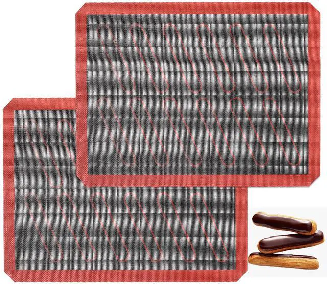 Main image of Perforated Silicone Baking Mats, 2 PCS Eclair Silicone Mat for Half Sheet with 12 Printed Oblong Eclair Guides, Non-Stick Reusable Oven Liners for Making Bread/Pizza/Pastry/Cookie 11-4/5" x 15-3/4"