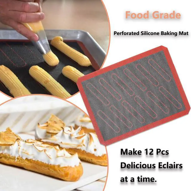 Alt view image 4 of 7 - Perforated Silicone Baking Mats, 2 PCS Eclair Silicone Mat for Half Sheet with 12 Printed Oblong Eclair Guides, Non-Stick Reusable Oven Liners for Making Bread/Pizza/Pastry/Cookie 11-4/5" x 15-3/4"