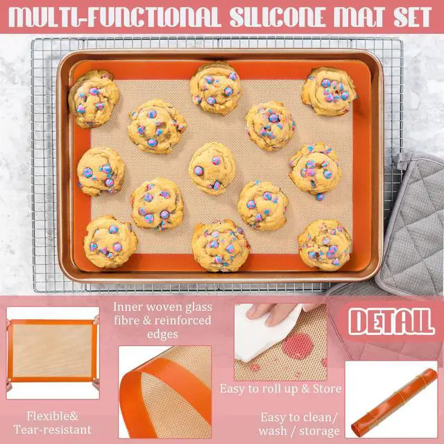 Alt view image 3 of 7 - Pieces Silicone Baking Mat Non-stick Silicone Baking Half Sheet 16.5'' x 11.6'' Silicones Cookie Sheet Easy Clean Oven Cookie Liner for Oven Making, Macaroon, Bread Pastry(Multi Color)