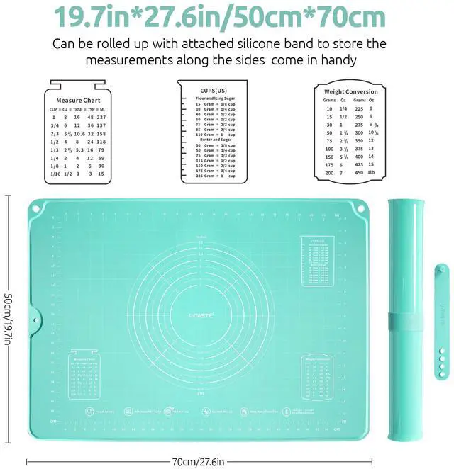 Alt view image 2 of 7 - 28"x20" Large Pastry Mat: Food-Grade Liquid Silicone Dough Rolling Baking Sheet, Non-Stick Non-Slip for Kneading, Making Pizza, Fondant, Pie with Clear Measurement and Raised Edges (Aqua Sky)