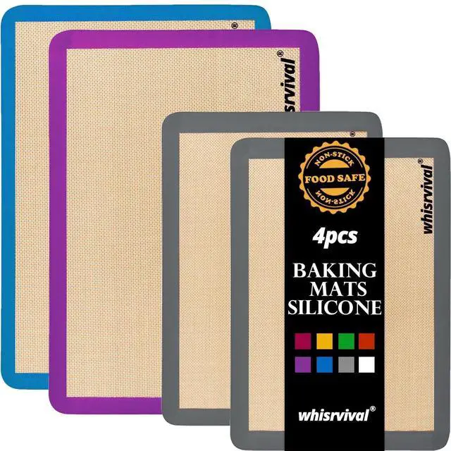 Main image of 4 Pack Silicone Baking Mat, Non-Stick Silicone Baking Sheet, Food Safe Silicone Mats for Baking, 480 Heat Resistant, 2 Half & 2 Quarter (Purple, Blue, Grey)
