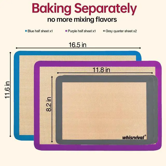 Alt view image 3 of 7 - 4 Pack Silicone Baking Mat, Non-Stick Silicone Baking Sheet, Food Safe Silicone Mats for Baking, 480 Heat Resistant, 2 Half & 2 Quarter (Purple, Blue, Grey)