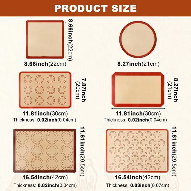 Alt view image 2 of 7 - Silicone Baking Mat Set of 6, Extra Thick Silicone Mats, Food Grade Non-stick Reusable Baking Mat, Heat Resistant -40°F to 446°F, Round & Square Cake Pan Mat for Macarons, Cookies, Pizza, Bread
