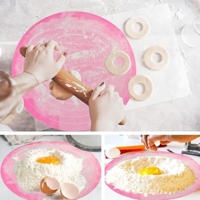 Alt view image 2 of 7 - Silicone Cake Mat, 12 Inch Round Silicone Mat, Cake Mat with Measurements, Cake Turntable Mat, Reusable Cookie Mat for Rolling Dough, Non-Stick Heat Resistant, Pastry Baking Pad Pink