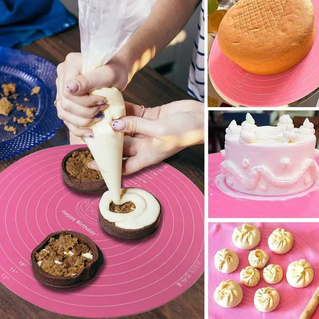 Alt view image 7 of 7 - Silicone Cake Mat, 12 Inch Round Silicone Mat, Cake Mat with Measurements, Cake Turntable Mat, Reusable Cookie Mat for Rolling Dough, Non-Stick Heat Resistant, Pastry Baking Pad Pink