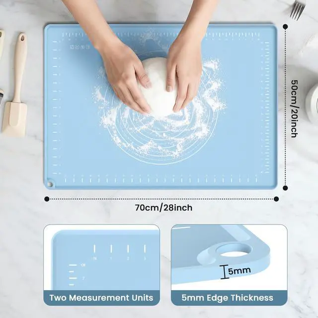 Alt view image 2 of 7 - Silicone Baking Mat 28x20 Inches | Extra Thick Dough Rolling Mat with Measurements and Edge Heightening | Non-Stick Food Grade Pastry Mat for Pastry, Bread, Cookies, Pizza, Fondant & Pasta
