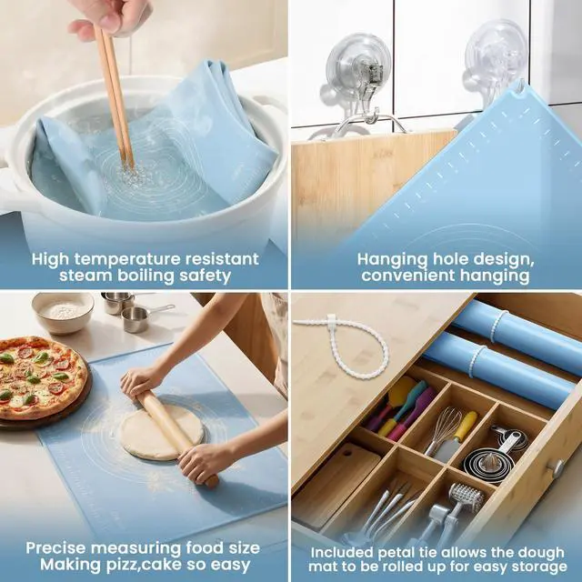 Alt view image 5 of 7 - Silicone Baking Mat 28x20 Inches | Extra Thick Dough Rolling Mat with Measurements and Edge Heightening | Non-Stick Food Grade Pastry Mat for Pastry, Bread, Cookies, Pizza, Fondant & Pasta