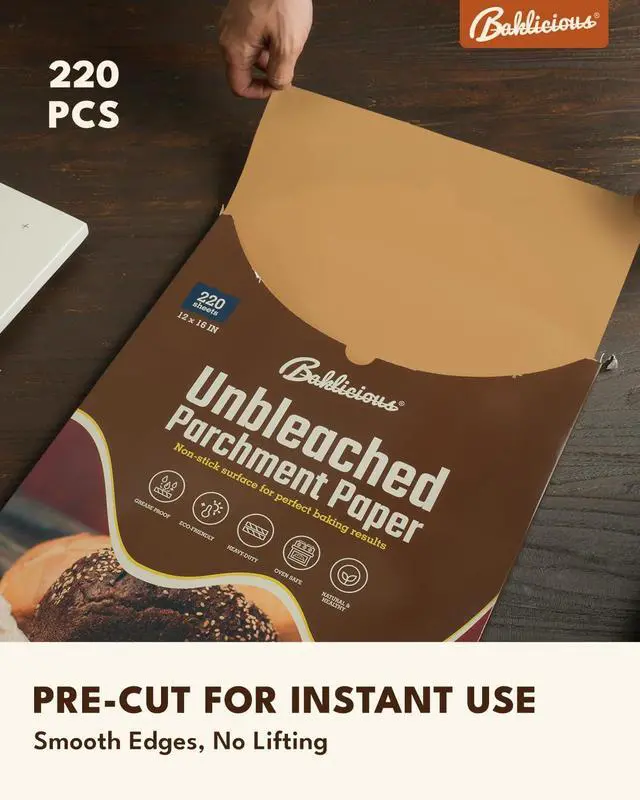 Alt view image 2 of 7 - 220 Pcs Unbleached Parchment Paper Baking Sheets, Baklicious Pre-cut Heavy Duty Parchment Baking Paper for Air Fryer, Oven, Bakeware, Steaming, Cooking Bread, CupCake, Cookies