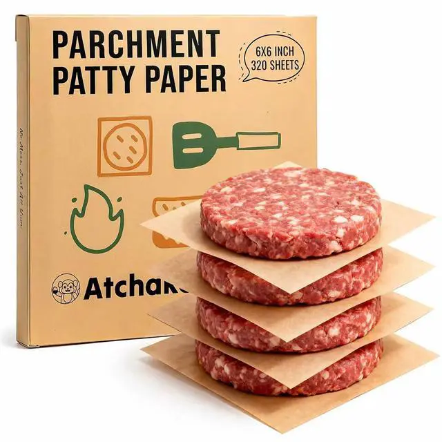 Main image of 320Pcs 6x6 Inches Parchment Paper Squares, Unbleached Hamburger Patty Paper, Non-Stick Parchment Sheets for Separating Patty, Wrapping Burgers, Naan, Tortillas Press, Freezer, Oven, Microwave