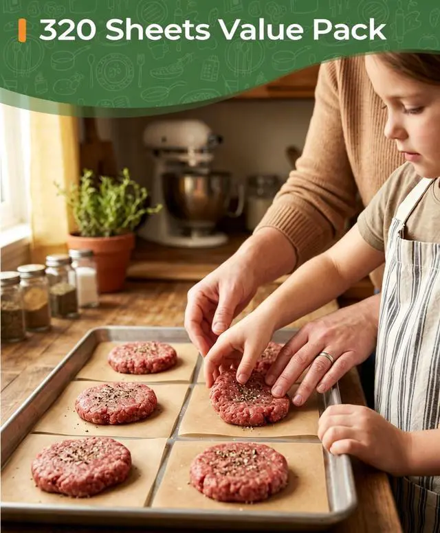 Alt view image 7 of 7 - 320Pcs 6x6 Inches Parchment Paper Squares, Unbleached Hamburger Patty Paper, Non-Stick Parchment Sheets for Separating Patty, Wrapping Burgers, Naan, Tortillas Press, Freezer, Oven, Microwave