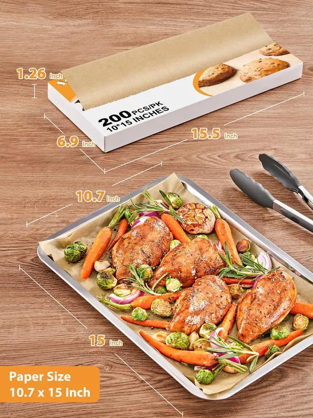 Alt view image 2 of 7 - 200 Pcs Pop-Up Parchment Paper Sheets, 10.7x15 Inch Pre-Cut Parchment Paper for Baking, Non-Stick Greaseproof Baking Paper for Grilling Wrapping Air Frying, Compact Volume, Unbleached