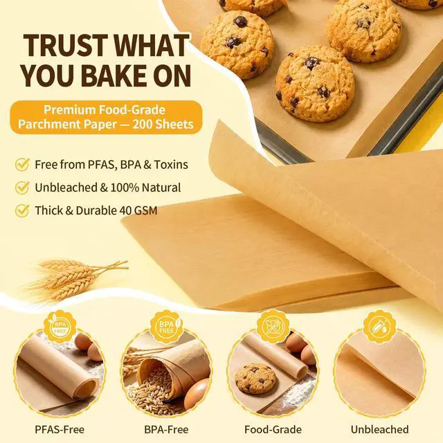 Alt view image 2 of 7 - Parchment Paper Sheets 12x16 Inch, 200 Count Unbleached Pre-Cut Baking Paper, Non-Stick Baking Liners, Heat Resistant for Oven, Air Fryer, Microwave, Half Sheet Pan Size for Cookies Cakes