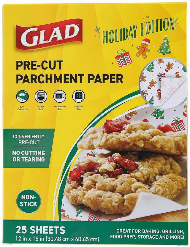 Main image of Holly Jolly Printed Pattern Holiday Parchment Paper Baking Sheets, Pre-Cut 12 x 16 Inch, Non-Stick, Oven Safe, Fun Christmas Designs for Holiday Cookies, 25 Count