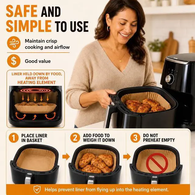 Alt view image 5 of 7 - Air Fryer Paper Liners, 125Pcs Air Fryer Disposable Liners, Non-Stick and Oil Proof for Easy Cleanup, 8 Square for 5-8 qt Basket