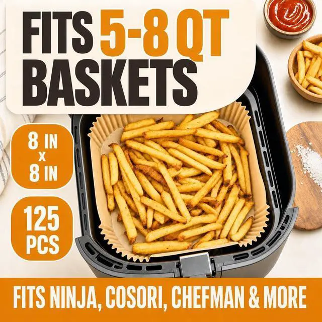 Alt view image 7 of 7 - Air Fryer Paper Liners, 125Pcs Air Fryer Disposable Liners, Non-Stick and Oil Proof for Easy Cleanup, 8 Square for 5-8 qt Basket