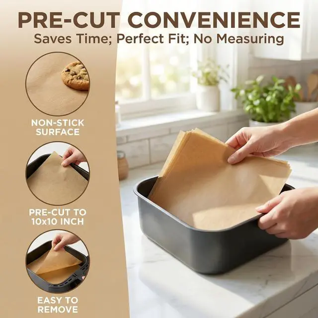 Alt view image 5 of 7 - 10x10 Inch Pre-Cut Parchment Paper for Air Fryer - 100 Sheets Non-Stick Baking Sheets for Baking Cookies, Roasting, Unbleached Chlorine Free, Heat Resistant 446°F