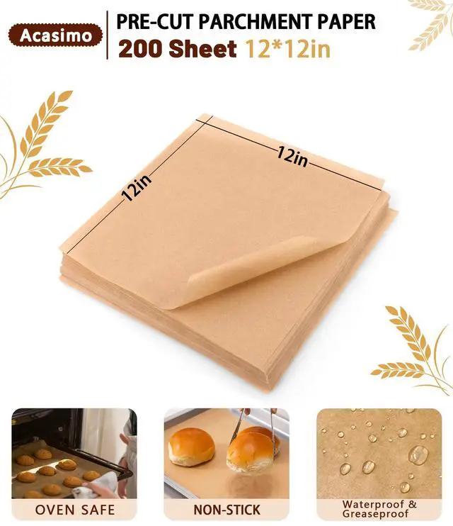 Alt view image 2 of 6 - Parchment Paper Sheets, 200Pcs 12x12 Inch Squares Precut Parchment Sheets for Baking, Grilling, Air Fryer, Non-Stick Square Pan Liners Oven Paper for Bread, Cake, Cookies, Roasting, Wrapping, Steaming