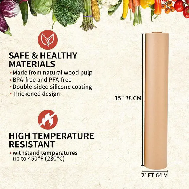 Alt view image 2 of 7 - Unbleached Parchment Paper Roll, 15 in x 210 ft Unbleached Non-Stick Baking Paper, Heat Resistant & Food Grade Brown Parchment for Baking, Oven, Cooking, Grilling, Air Fryer