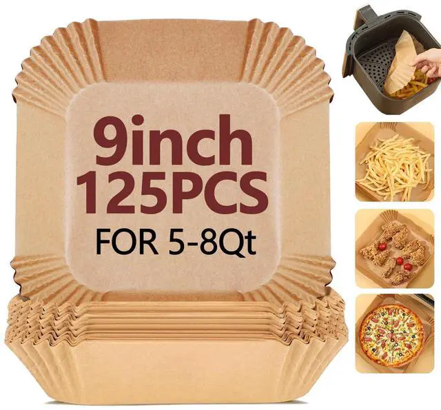 Main image of Inch Air Fryer Liners Disposable-125PCS Square Parchment Paper Liners,Heat Resistant & Non-Stick,Unbleached Liners for Air Fryer,Oven,Roasting,Baking,MicrowaveBottom is 8 Inch