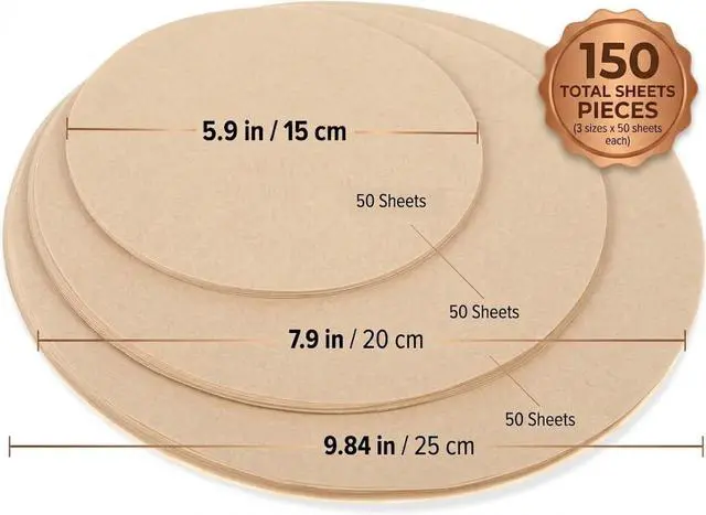 Alt view image 4 of 6 - 150-Pack Unbleached Parchment Paper Rounds (6, 8, 10 Inch) - Non-Stick Precut Baking Circles for Springform Cake Pans & Freezing Hamburger Patties (Unbleached)