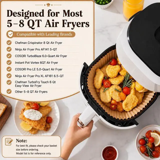 Alt view image 3 of 5 - 9 Inch Air Fryer Liners Disposable, 125 Pack Parchment Paper Sheets for Air Fryer Basket, Non-Stick, Disposable, Unbleached, Heat Resistant, Fits 5-8 QT Air Fryers, Oil-Free & Healthy Cooking