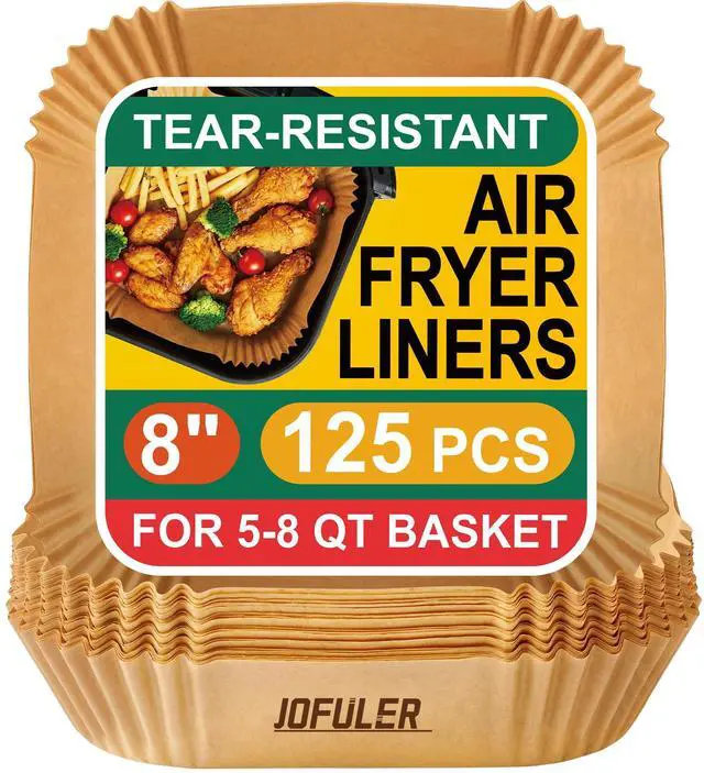Main image of Disposable Air Fryer Liners 8 Inch, 125 Pcs Unbleached Parchment Paper for Air Fryer Basket, Non-Stick, Oil Resistant, Easy Cleanup, Square Liners for 5-8 QT