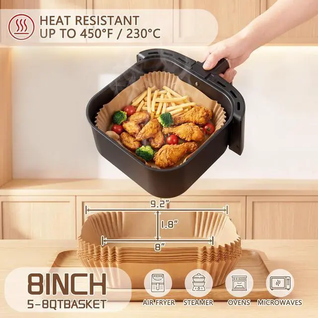 Alt view image 5 of 7 - Disposable Air Fryer Liners 8 Inch, 125 Pcs Unbleached Parchment Paper for Air Fryer Basket, Non-Stick, Oil Resistant, Easy Cleanup, Square Liners for 5-8 QT