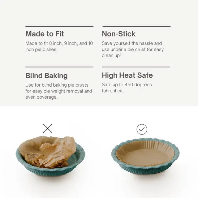 Alt view image 4 of 6 - Parchment Paper for Pie Weights and Pans, Plastic Free Packaging, Pre Formed fit 8,9,10 Inch Dish, Natural Unbleached Food Grade Non-Stick Liners, High Heat Safe, Designed in USA, 50 Sheets