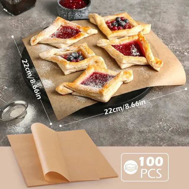 Alt view image 2 of 6 - Unbleached Parchment Paper Sheets for Baking 100 Pcs 8x8 inchNon-Stick Baking Parchment Hamburger Patty Paper Liners for Oven, Bread pan, Cakes pans, Air Fryer Liners Square Brown